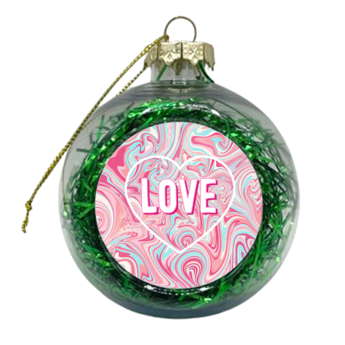 Pink & Turquoise Marbled Pattern Love Heart - xmas bauble by Adam Regester