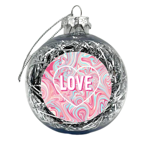 Pink & Turquoise Marbled Pattern Love Heart - xmas bauble by Adam Regester