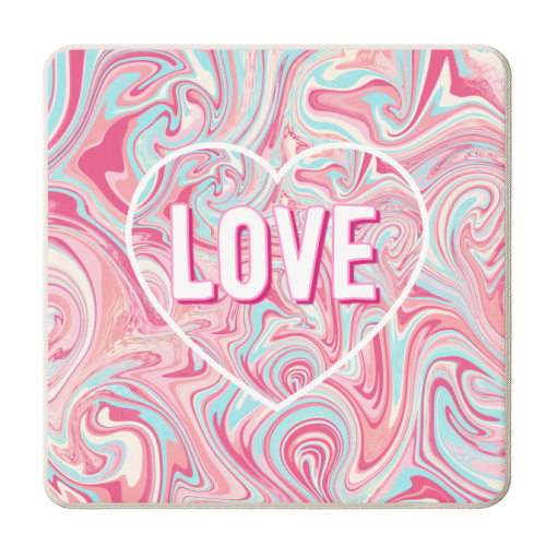 Pink & Turquoise Marbled Pattern Love Heart - personalised beer coaster by Adam Regester