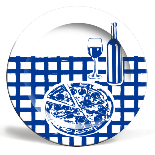 Pizza & Wine Night – Hand-Drawn Doodle Art - ceramic dinner plate by EZbie