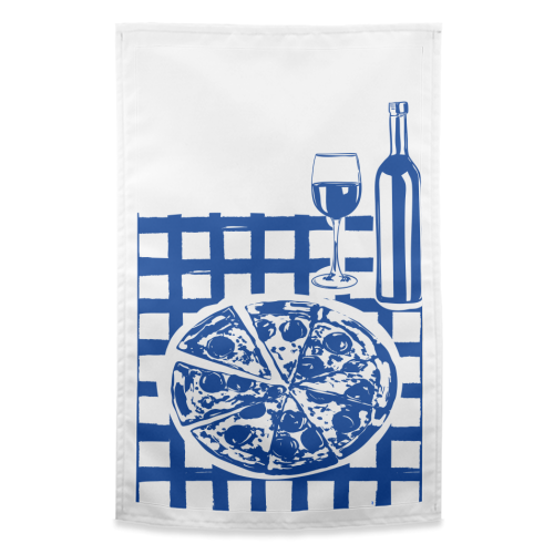Pizza & Wine Night – Hand-Drawn Doodle Art - funny tea towel by EZbie