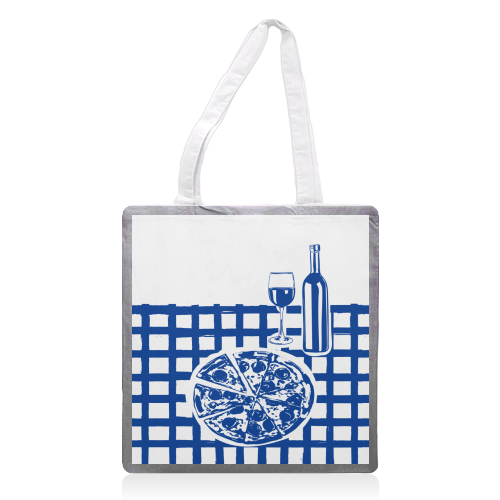 Pizza & Wine Night – Hand-Drawn Doodle Art - printed canvas tote bag by EZbie