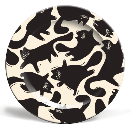 Playful Black Cat Pattern – Halloween Spooky Vibe - ceramic dinner plate by Ania Wieclaw