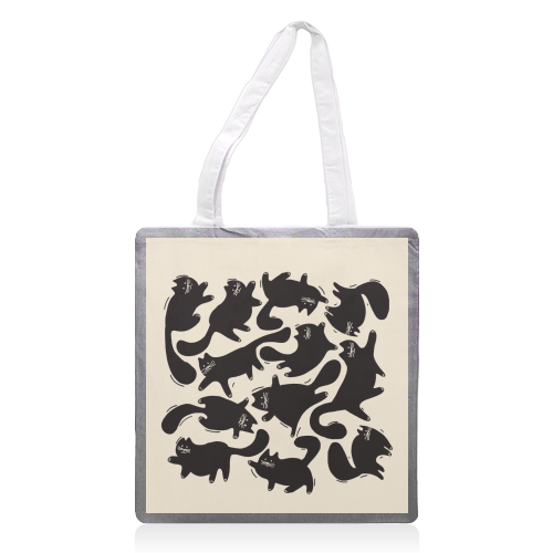 Playful Black Cat Pattern – Halloween Spooky Vibe - printed canvas tote bag by Ania Wieclaw