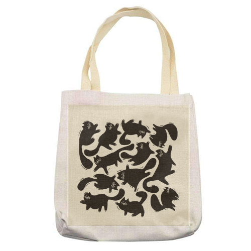 Playful Black Cat Pattern – Halloween Spooky Vibe - printed canvas tote bag by Ania Wieclaw