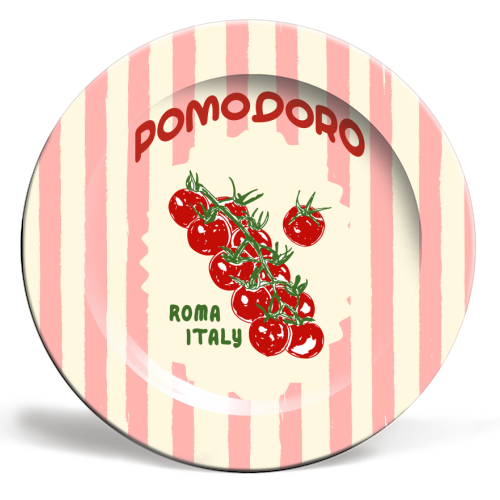 Pomodoro Tomatoes Retro Pink Stripes - ceramic dinner plate by EZbie