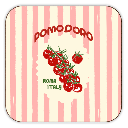 Pomodoro Tomatoes Retro Pink Stripes - personalised beer coaster by EZbie