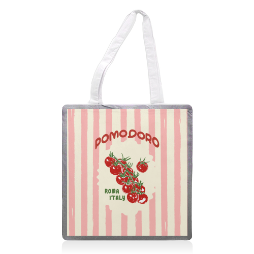 Pomodoro Tomatoes Retro Pink Stripes - printed canvas tote bag by EZbie