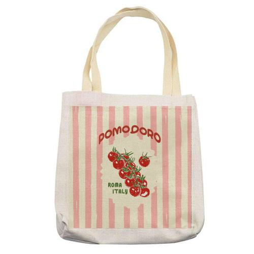 Pomodoro Tomatoes Retro Pink Stripes - printed canvas tote bag by EZbie