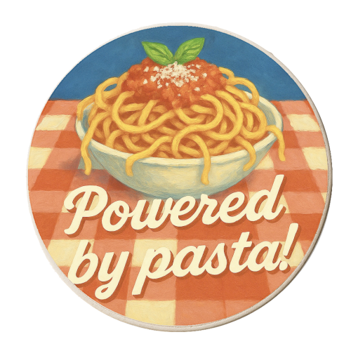 Powered by pasta! - personalised beer coaster by Eloise
