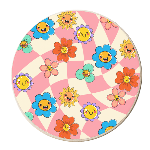 Psychedelic Pink Vintage Smiley Floral - personalised beer coaster by EZbie