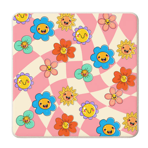 Psychedelic Pink Vintage Smiley Floral - personalised beer coaster by EZbie