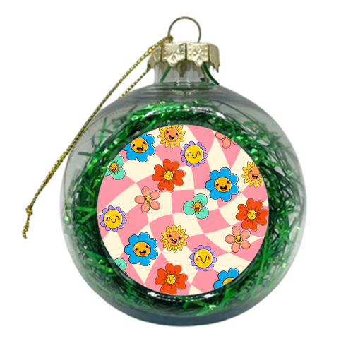 Psychedelic Pink Vintage Smiley Floral - xmas bauble by EZbie