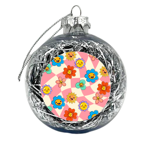 Psychedelic Pink Vintage Smiley Floral - xmas bauble by EZbie