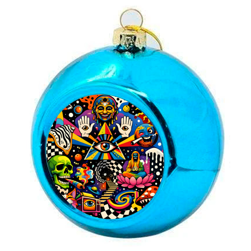 Psychedelic Revelation of Cosmic Satire - colourful christmas bauble by Kirsten Star