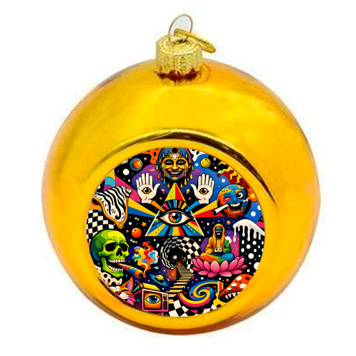 Psychedelic Revelation of Cosmic Satire - colourful christmas bauble by Kirsten Star