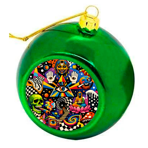 Psychedelic Revelation of Cosmic Satire - colourful christmas bauble by Kirsten Star