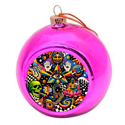 Psychedelic Revelation of Cosmic Satire - colourful christmas bauble by Kirsten Star