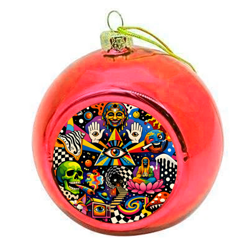 Psychedelic Revelation of Cosmic Satire - colourful christmas bauble by Kirsten Star