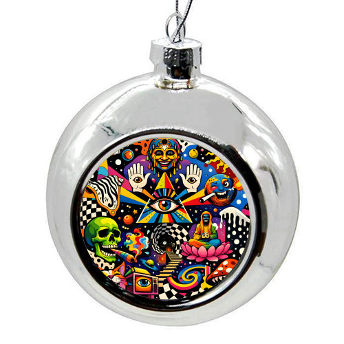 Psychedelic Revelation of Cosmic Satire - colourful christmas bauble by Kirsten Star