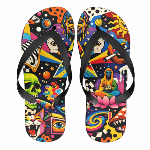 Psychedelic Revelation of Cosmic Satire - funny flip flops by Kirsten Star