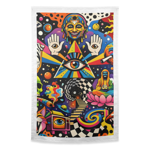 Psychedelic Revelation of Cosmic Satire - funny tea towel by Kirsten Star