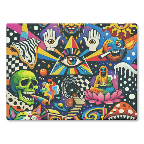 Psychedelic Revelation of Cosmic Satire - glass chopping board by Kirsten Star