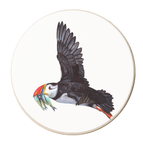 Puffin In Flight - personalised beer coaster by She Walks She Paints