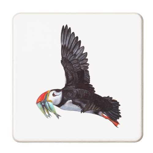 Puffin In Flight - personalised beer coaster by She Walks She Paints