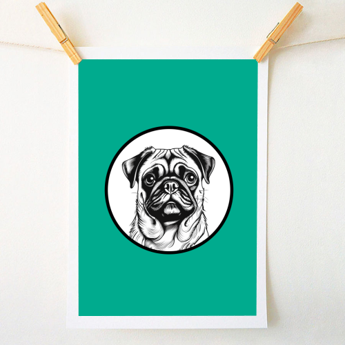 Pug Cameo Portrait (Teal) - A1 - A4 art print by Adam Regester