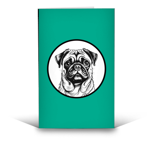Pug Cameo Portrait (Teal) - funny greeting card by Adam Regester
