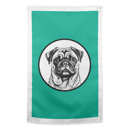 Pug Cameo Portrait (Teal) - funny tea towel by Adam Regester