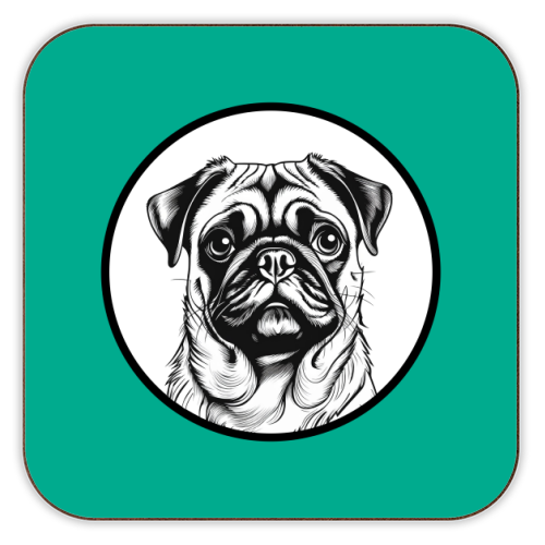 Pug Cameo Portrait (Teal) - personalised beer coaster by Adam Regester