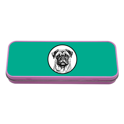Pug Cameo Portrait (Teal) - tin pencil case by Adam Regester