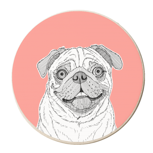 Pug Dog Portrait ( coral background ) - personalised beer coaster by Adam Regester