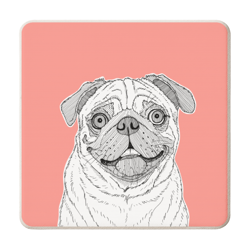 Pug Dog Portrait ( coral background ) - personalised beer coaster by Adam Regester