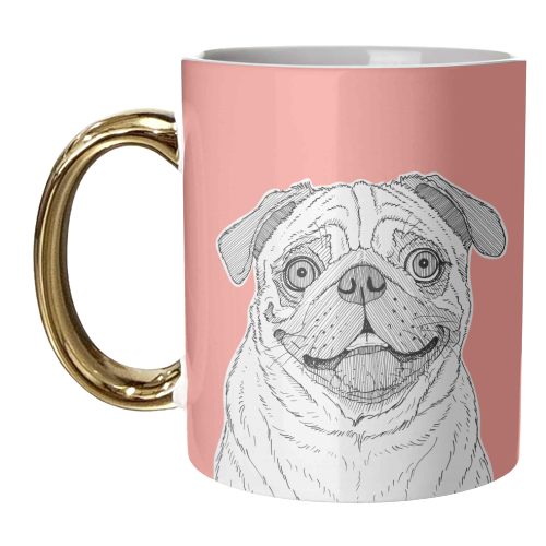 Pug Dog Portrait ( coral background ) - unique mug by Adam Regester