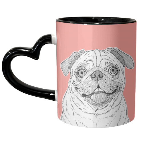Pug Dog Portrait ( coral background ) - unique mug by Adam Regester