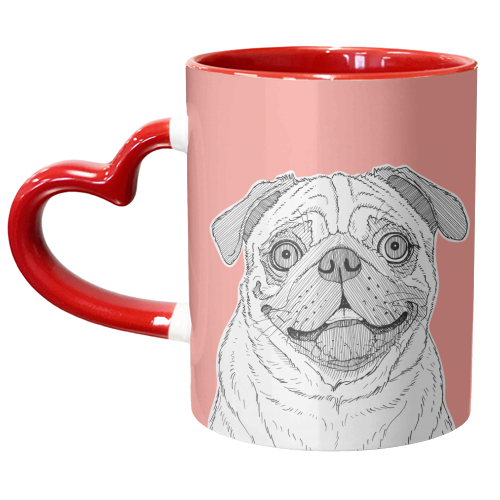 Pug Dog Portrait ( coral background ) - unique mug by Adam Regester