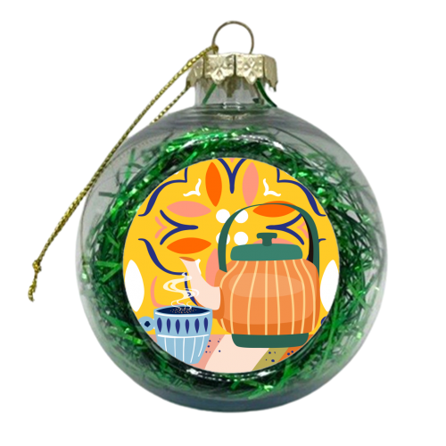 Pumpkin Spice Latte | Tea Chai Kettle & Cup | Modern Bohemian Colorful India | Eclectic Culture - xmas bauble by Uma Prabhakar Gokhale