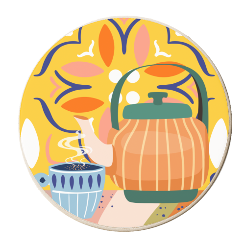 Pumpkin Spice Latte | Tea Chai Kettle & Cup | Modern Bohemian Colorful India | Eclectic Culture - personalised beer coaster by Uma Prabhakar Gokhale