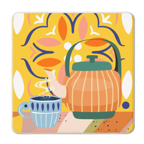 Pumpkin Spice Latte | Tea Chai Kettle & Cup | Modern Bohemian Colorful India | Eclectic Culture - personalised beer coaster by Uma Prabhakar Gokhale
