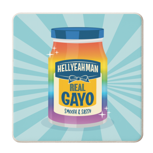 Punny Jar of Mayonnaise - Real Gayo - LGBTQ+ - personalised beer coaster by Claire Atwood