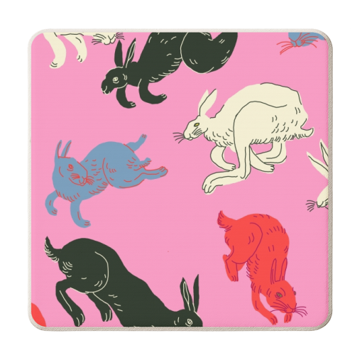 Rabbits (pink) - personalised beer coaster by Ezra W. Smith