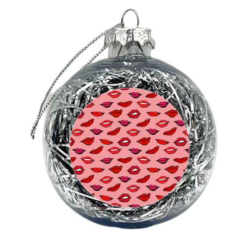 Red and Pink Lippy Pattern In Pink - xmas bauble by Bec Broomhall