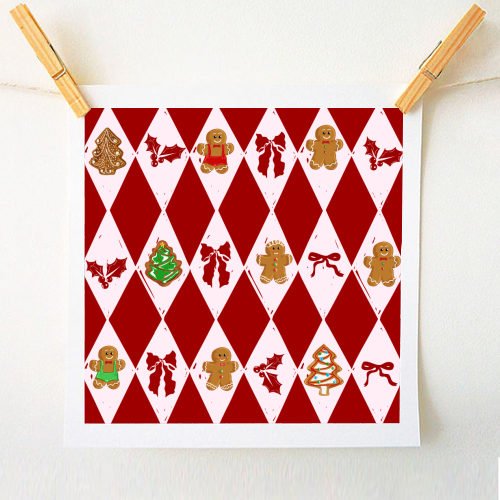 Red Harlequin Gingerbreadman Coquette Pattern - A1 - A4 art print by EZbie