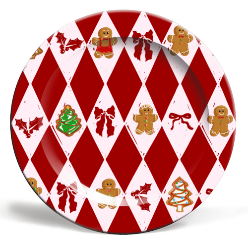 Red Harlequin Gingerbreadman Coquette Pattern - ceramic dinner plate by EZbie