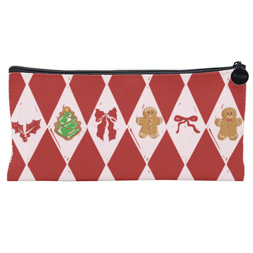 Red Harlequin Gingerbreadman Coquette Pattern - flat pencil case by EZbie