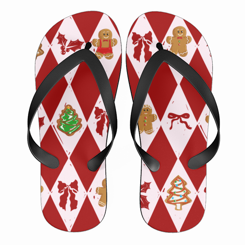 Red Harlequin Gingerbreadman Coquette Pattern - funny flip flops by EZbie
