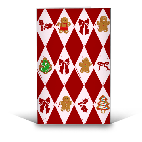 Red Harlequin Gingerbreadman Coquette Pattern - funny greeting card by EZbie